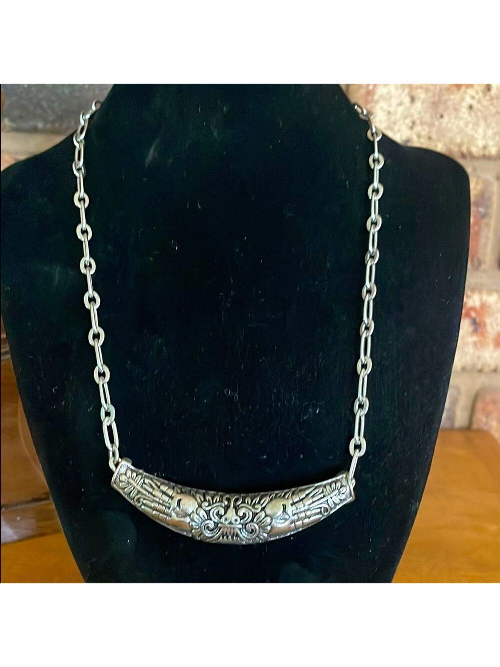 Vintage Silver tone open link chain with Bali style pendant
